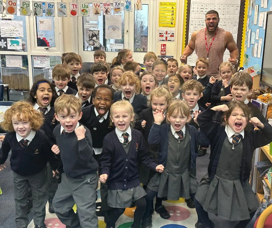 Untitled-design-3 Students from William Gilbert Primary School with Steel form BBC's Gladiator in their classroom